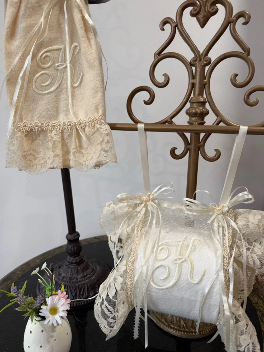 Hand Crafted Cream Lace K Monogram Hand Towel & Toilet Paper Holder